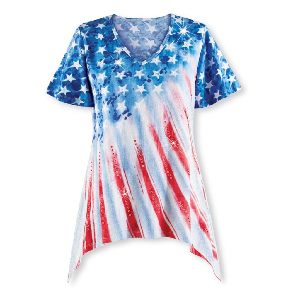 New XXL Ombre Red White Blue Sparkling Stars & Stripes Sequin Shark Bite Tunic
